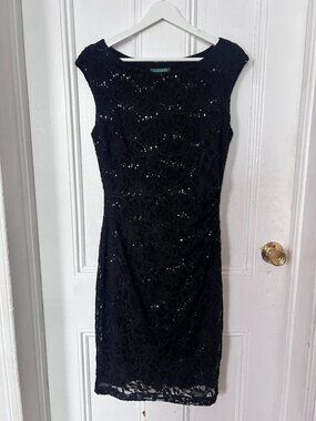 Lauren Ralph Lauren Black Silhouette Sequin Lace Cocktail Sheath Ruched Dress 10